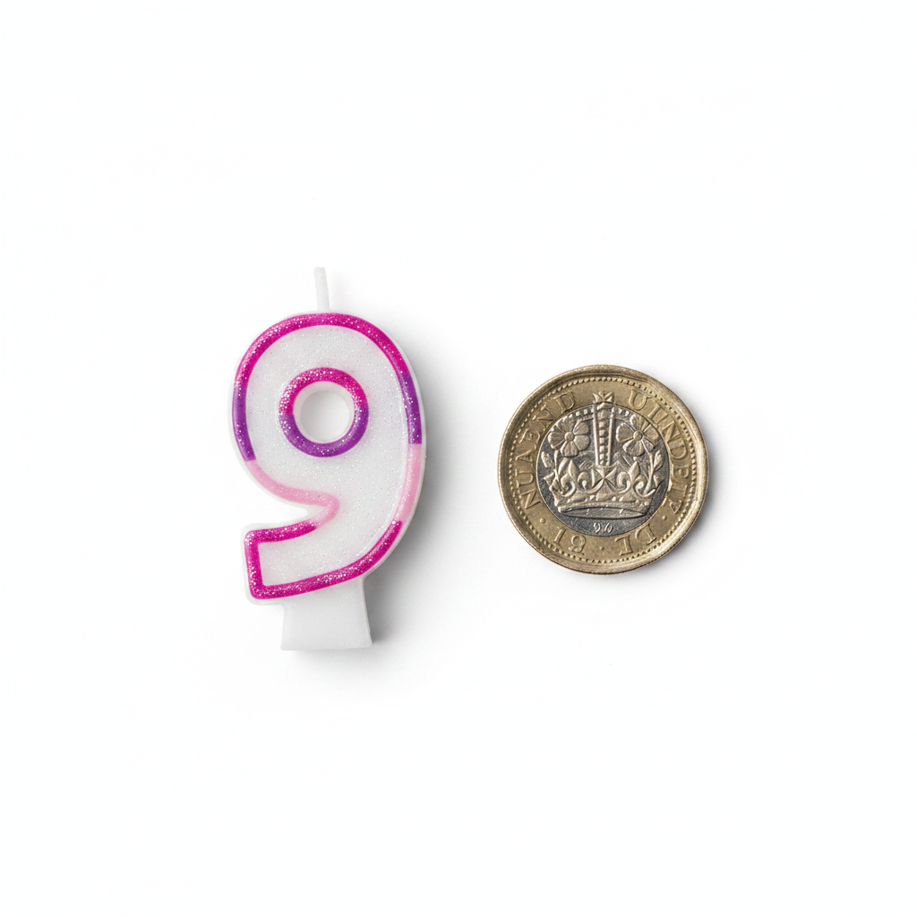 Pink Number 9 Birthday Candle flat lay beside UK £1 coin showing product size on white background