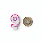 Pink Number 9 Birthday Candle flat lay beside UK £1 coin showing product size on white background
