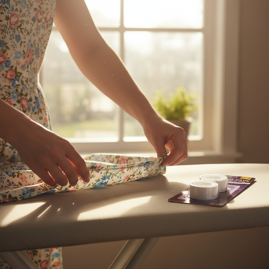 Woman pressing a neat hem with an iron using Hemming Web Tape in warm golden hour light