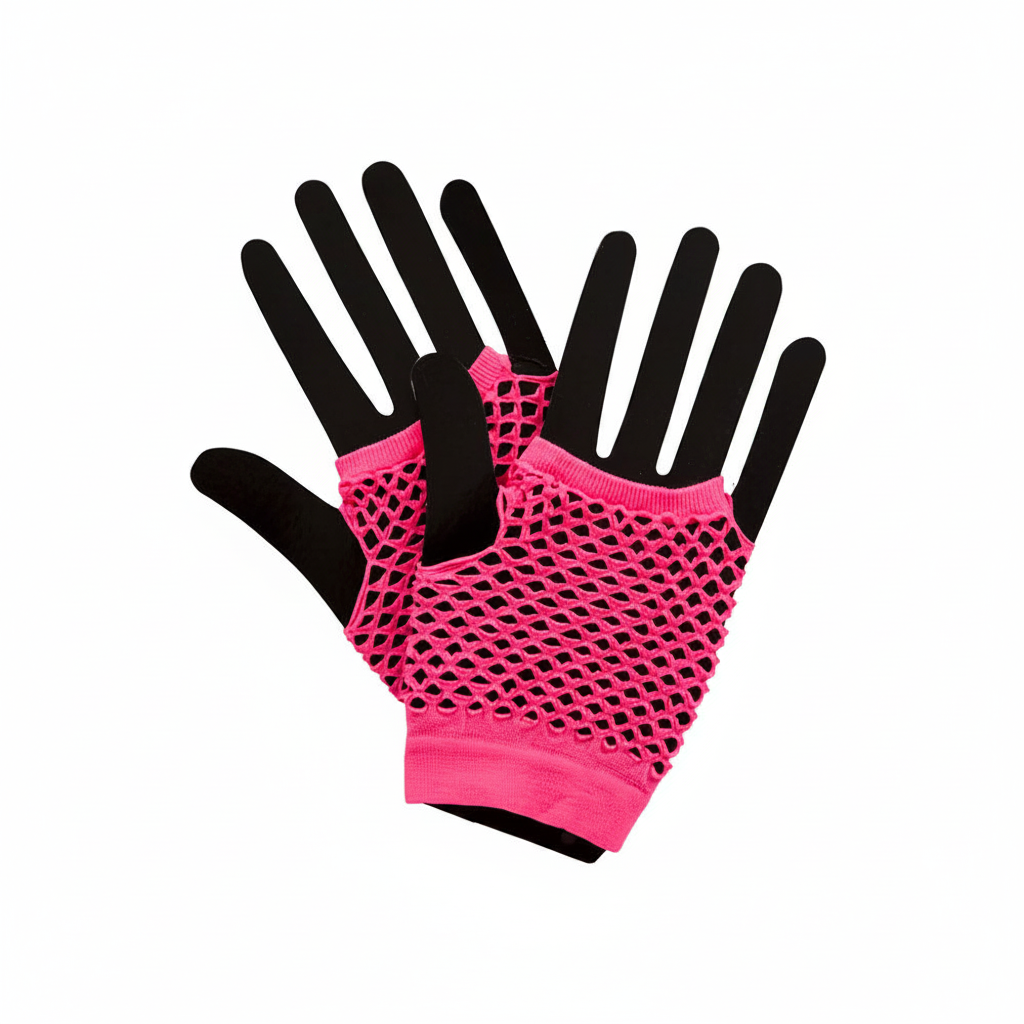 1980's Neon Pink Fingerless Net Gloves on black hand mannequins — net covers palm and wrist only, all five fingers completely bare and exposed, open diamond fishnet weave, pure white background hero shot