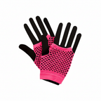 1980's Neon Pink Fingerless Net Gloves on black hand mannequins — net covers palm and wrist only, all five fingers completely bare and exposed, open diamond fishnet weave, pure white background hero shot
