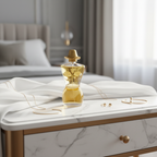 Revitalise Fantasy EDP amber gold bottle on luxury vanity dressing table with natural window light