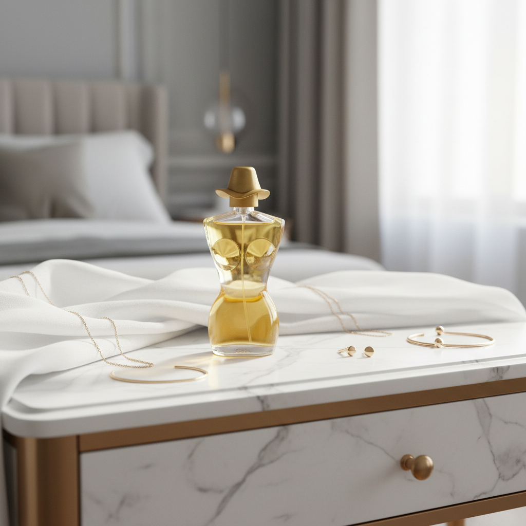 Revitalise Fantasy EDP amber gold bottle on luxury vanity dressing table with natural window light