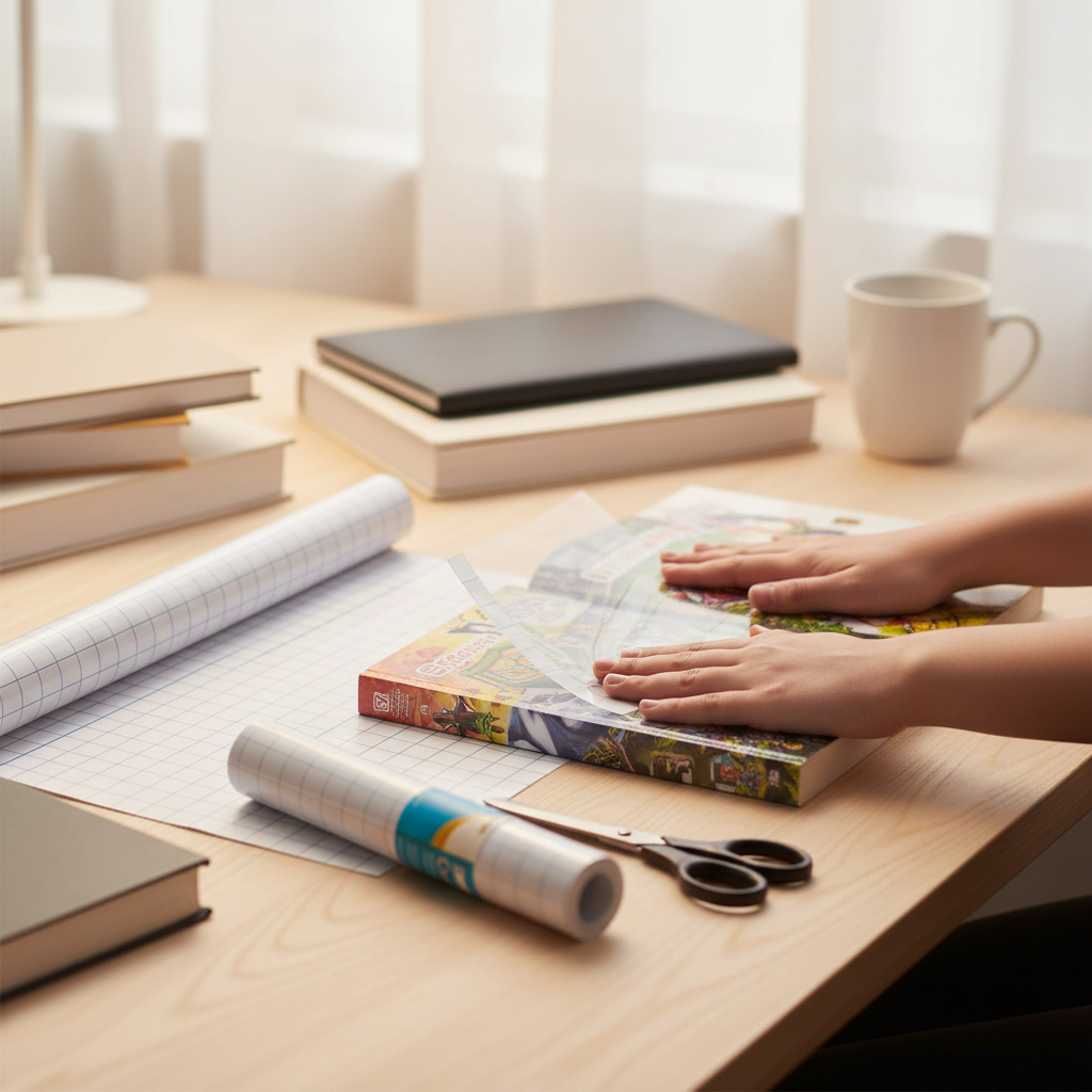 Student's hands carefully applying Tiger clear self-adhesive book cover film to a school textbook, candid lifestyle photography with bokeh background