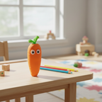 Crazy Squeezy Carrot squishy toy on a child's wooden desk in natural window light