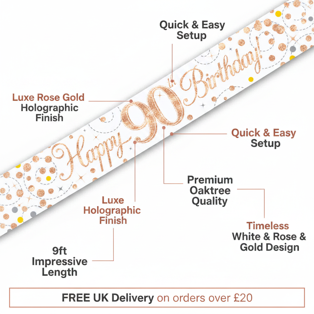 9ft Happy 90th Birthday Banner Rose Gold Holographic White – Premium Oaktree Party Decoration with Quick Setup & Free UK Delivery