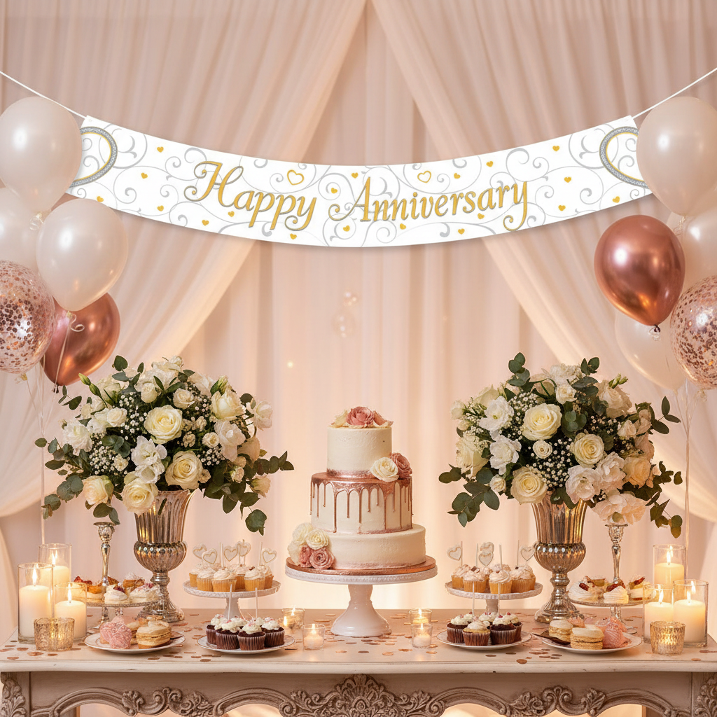 Anniversary party venue decorated with Happy Anniversary banner above dessert table