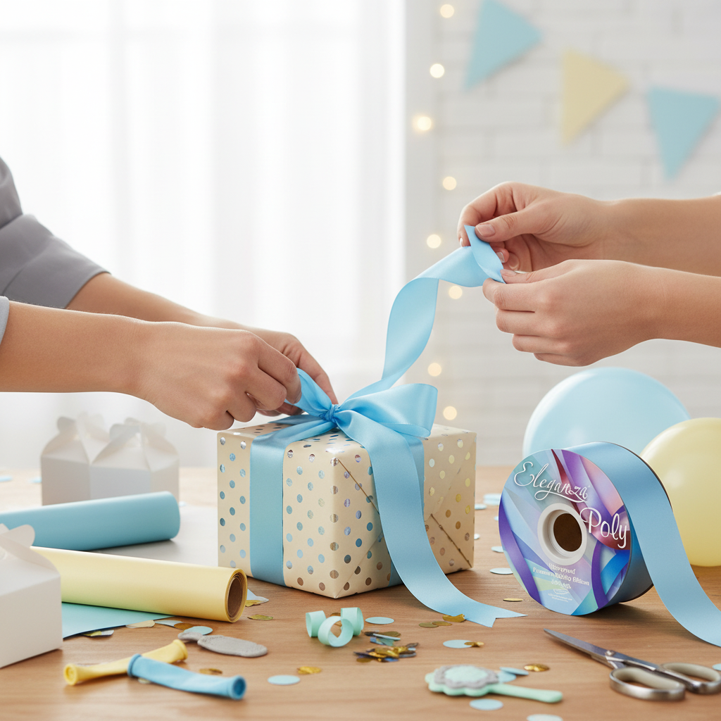 Hands wrapping gift with light blue poly ribbon - baby shower and party gift wrapping inspiration