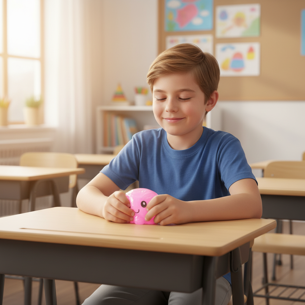 Child at school desk squeezing a colourful octopus fidget toy, smiling and relaxed
