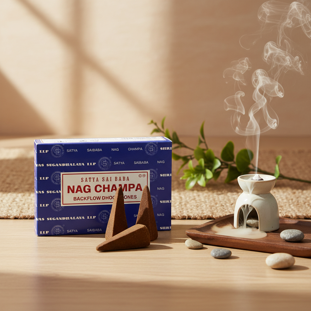 Satya Nag Champa Backflow Cones displayed in a serene home meditation corner with ceramic burner, pebbles and natural window light