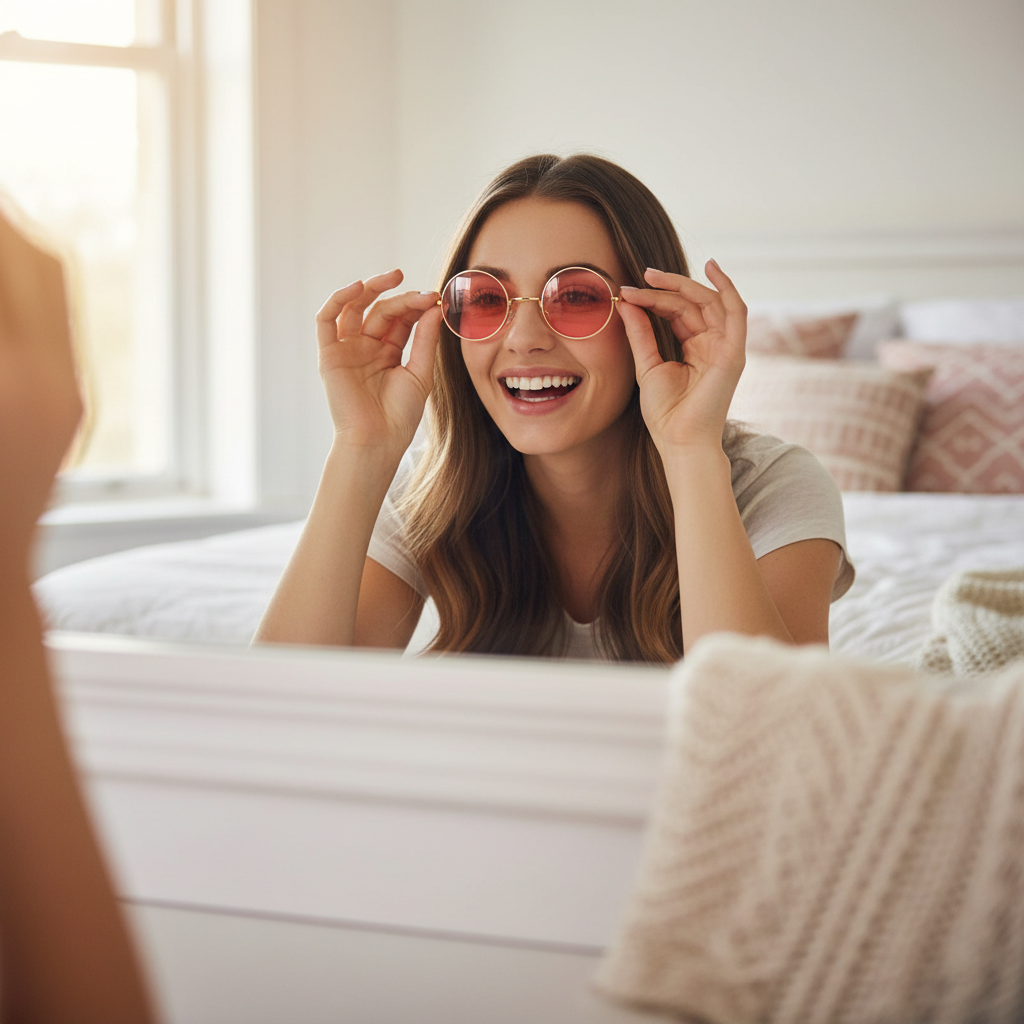 Young woman trying on hippy glasses with pink lenses in front of a mirror, smiling in a bright cosy bedroom