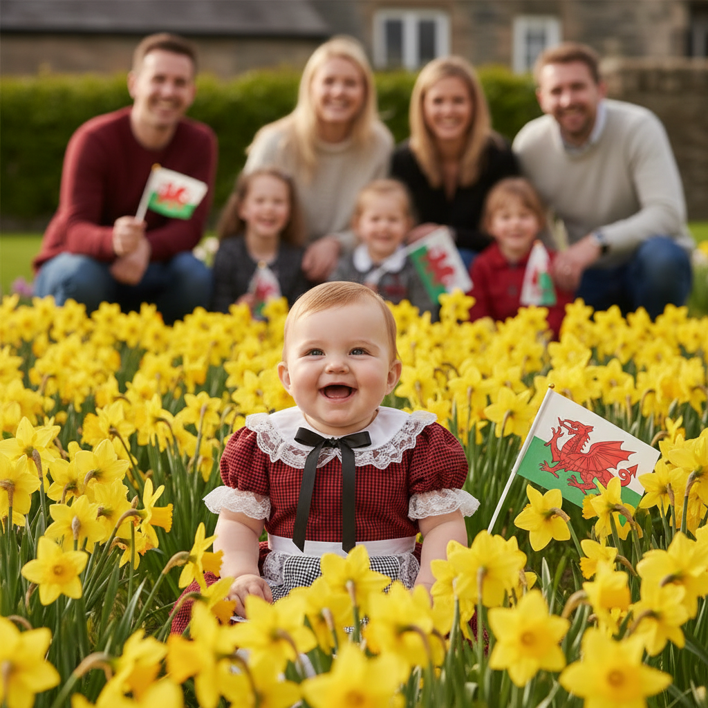 Baby aged 6-12 months in traditional Welsh costume celebrating St David's Day with daffodils and family