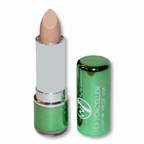 W7 Tea Tree Concealer Stick Light/Medium on pure white background, metallic green casing with white barrel and silver ring, light peachy-beige concealer bullet visible