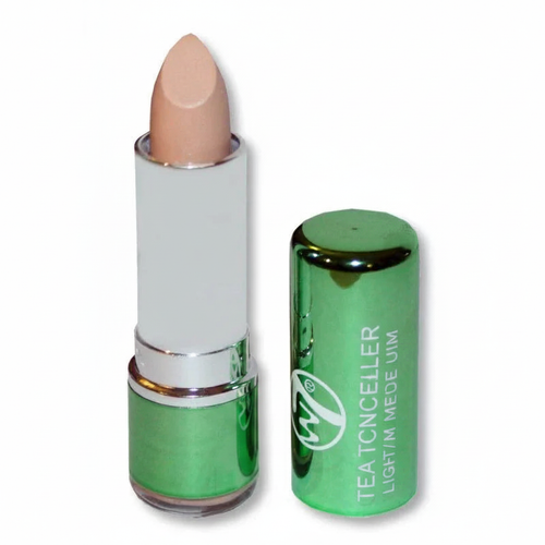 W7 Tea Tree Concealer Stick Light/Medium on pure white background, metallic green casing with white barrel and silver ring, light peachy-beige concealer bullet visible