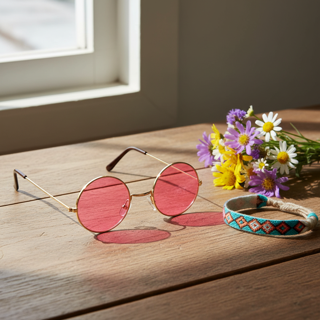 Round pink hippy glasses with gold frame resting on a vintage wooden surface beside wildflowers and a festival wristband