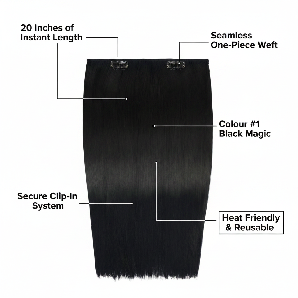 Feature infographic for 20 inch Black Magic clip-in hair extension highlighting key benefits and specifications