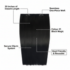 Feature infographic for 20 inch Black Magic clip-in hair extension highlighting key benefits and specifications