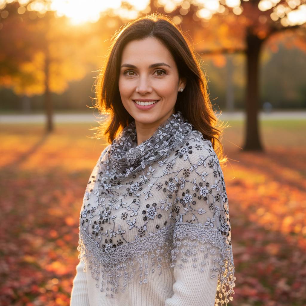 Woman wearing grey triangle lace scarf on an autumn walk at golden hour, scarf draped elegantly over shoulders
