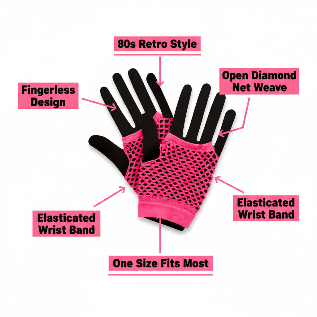 1980's Neon Pink Fingerless Net Gloves feature infographic showing fingerless design with bare exposed fingers, callout labels: Fingerless Design, Open Diamond Net Weave, Elasticated Wrist Band, One Size Fits Most, 80s Retro Style