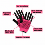 1980's Neon Pink Fingerless Net Gloves feature infographic showing fingerless design with bare exposed fingers, callout labels: Fingerless Design, Open Diamond Net Weave, Elasticated Wrist Band, One Size Fits Most, 80s Retro Style
