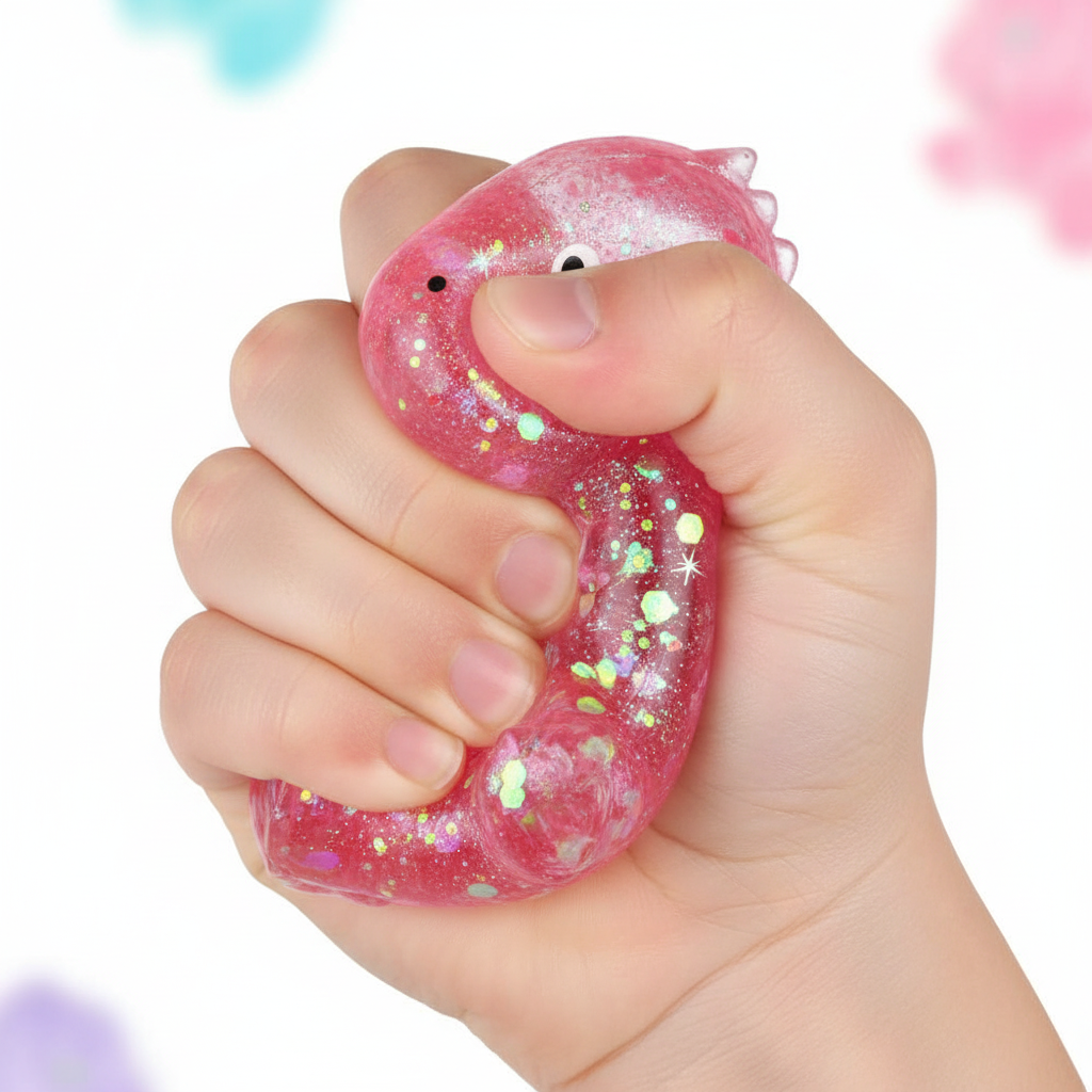 Close-up of child's hand squeezing a pink Stretch and Squeeze Dinosaur Gel Toy showing glitter gel filling shifting inside
