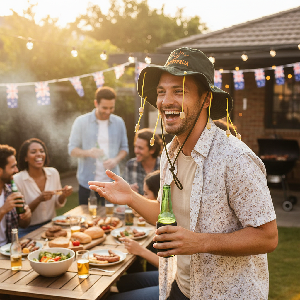 Person wearing Australian cork hat at outdoor BBQ party