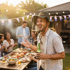 Person wearing Australian cork hat at outdoor BBQ party