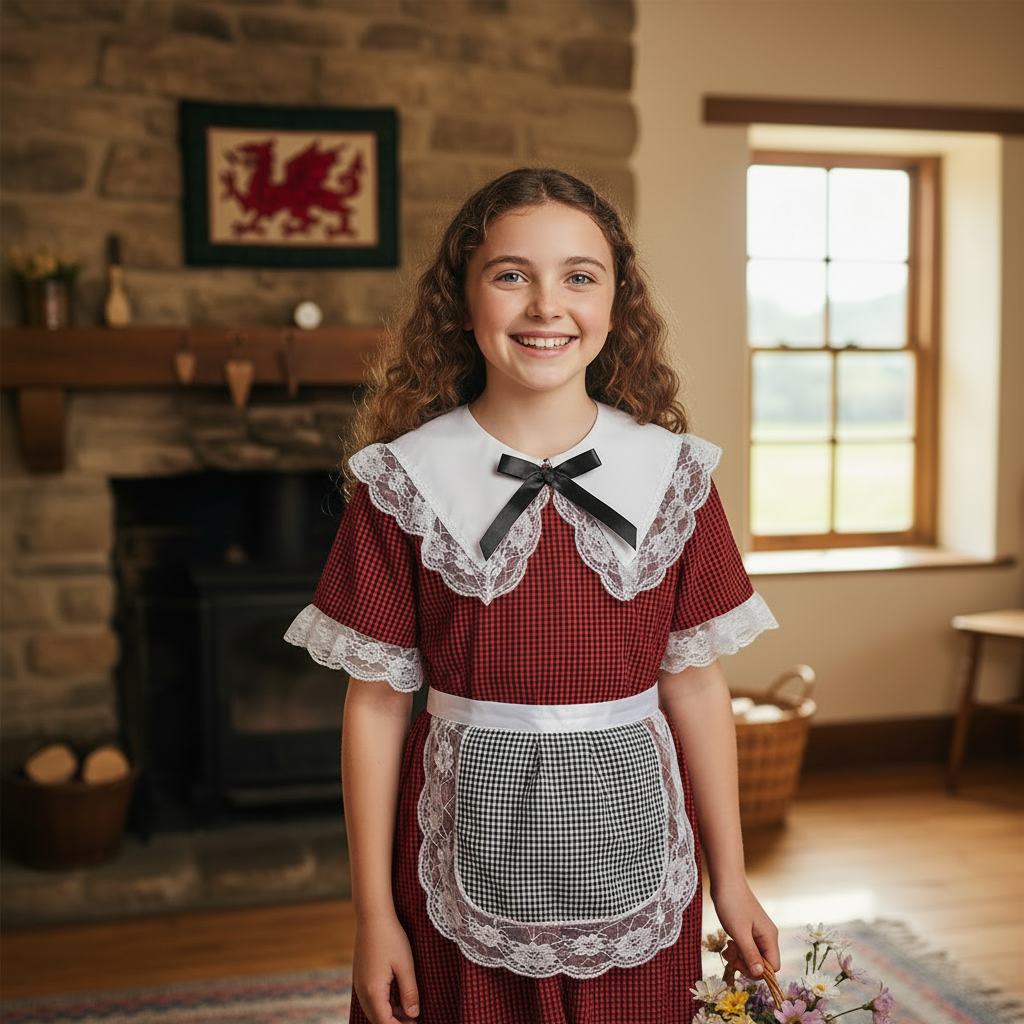 Happy girl aged 11-12 years wearing traditional Welsh costume with red dress and white lace in cozy home setting