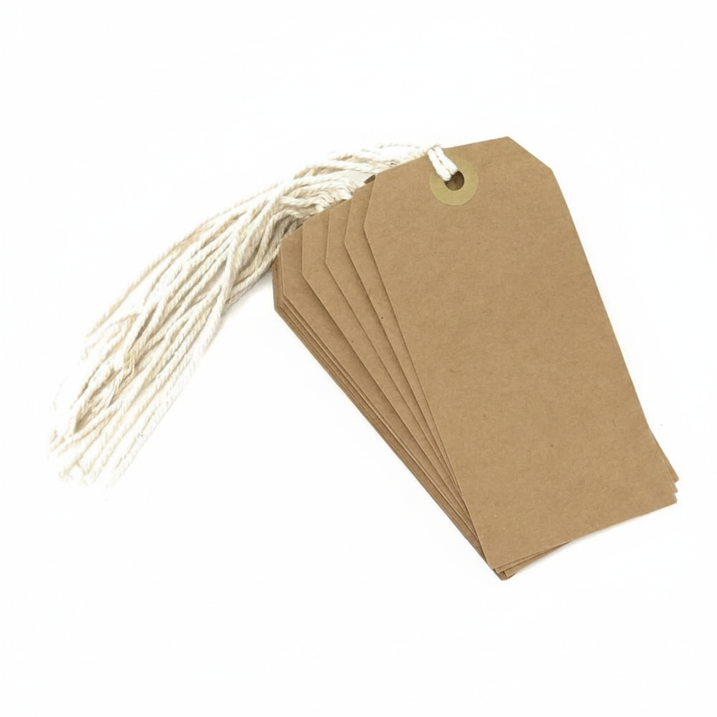 10 pack of kraft brown tie-on luggage labels 60mm x 120mm fanned out on a pure white background, studio lighting