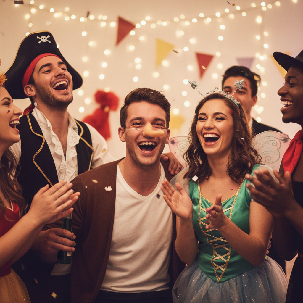 Person wearing funny long nose liar Pinocchio mask at a fancy dress party with friends laughing
