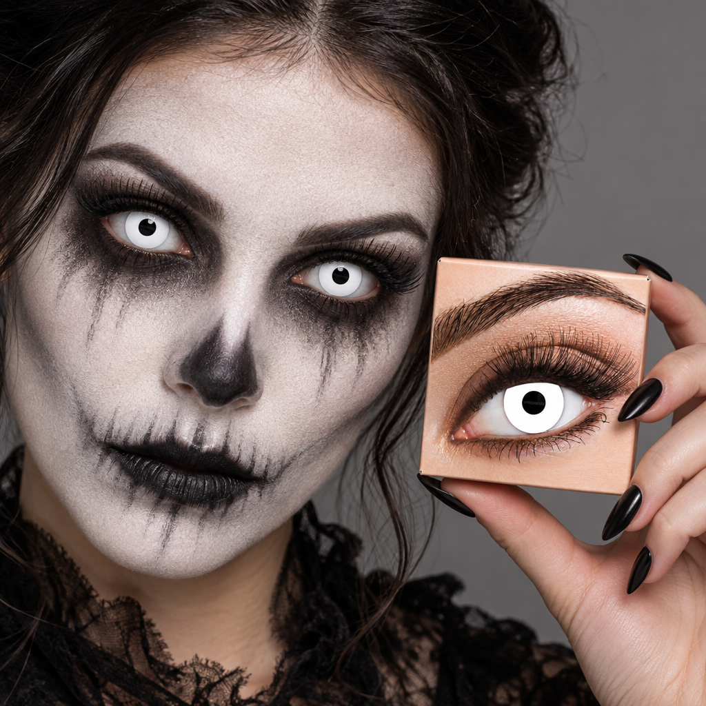 Woman in skull Halloween makeup wearing white contact lenses and holding the Eyecasions box