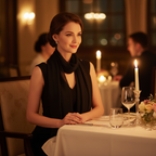 Elegant woman wearing sheer black chiffon scarf at candlelit restaurant dinner, warm luxurious evening atmosphere