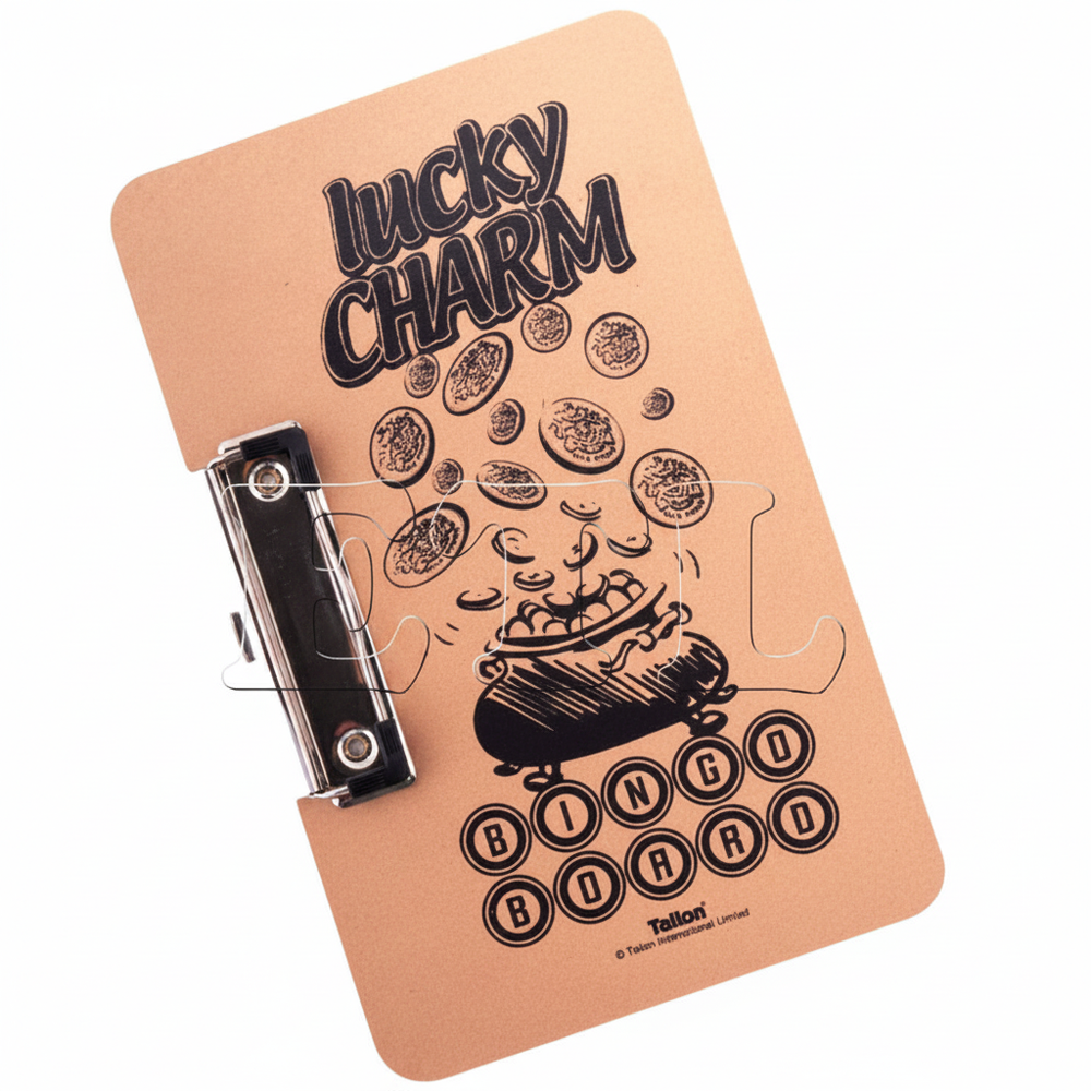 Tallon Lucky Charm Bingo Board with silver side clip on pure white background, studio hero shot
