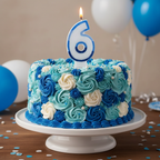 Blue number 6 candle lit on a beautifully decorated birthday cake surrounded by blue and white frosting, confetti and balloons