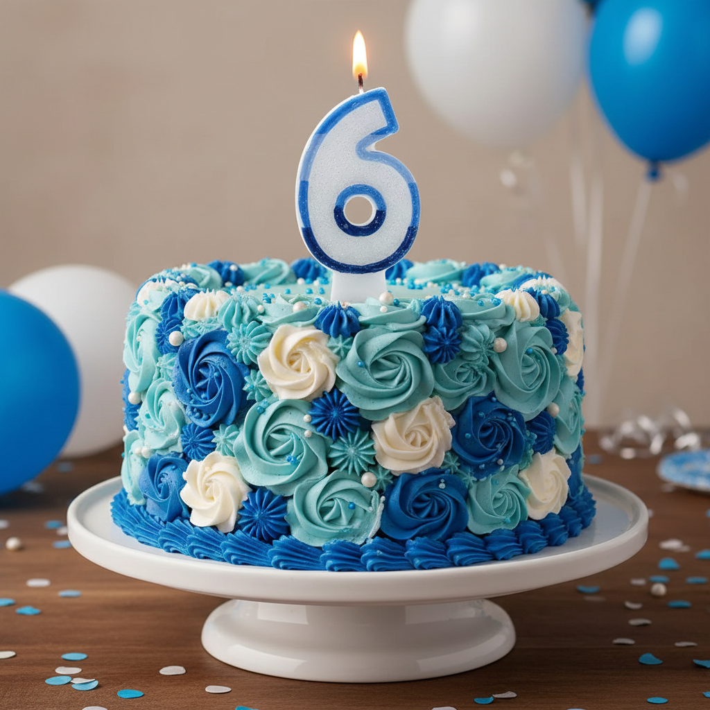 Blue number 6 candle lit on a beautifully decorated birthday cake surrounded by blue and white frosting, confetti and balloons