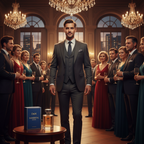 Well-groomed man in sharp suit confidently walking into a sophisticated evening event, D&M Immortal For Men royal blue box and clear glass bottle visible on side table, warm cinematic atmosphere