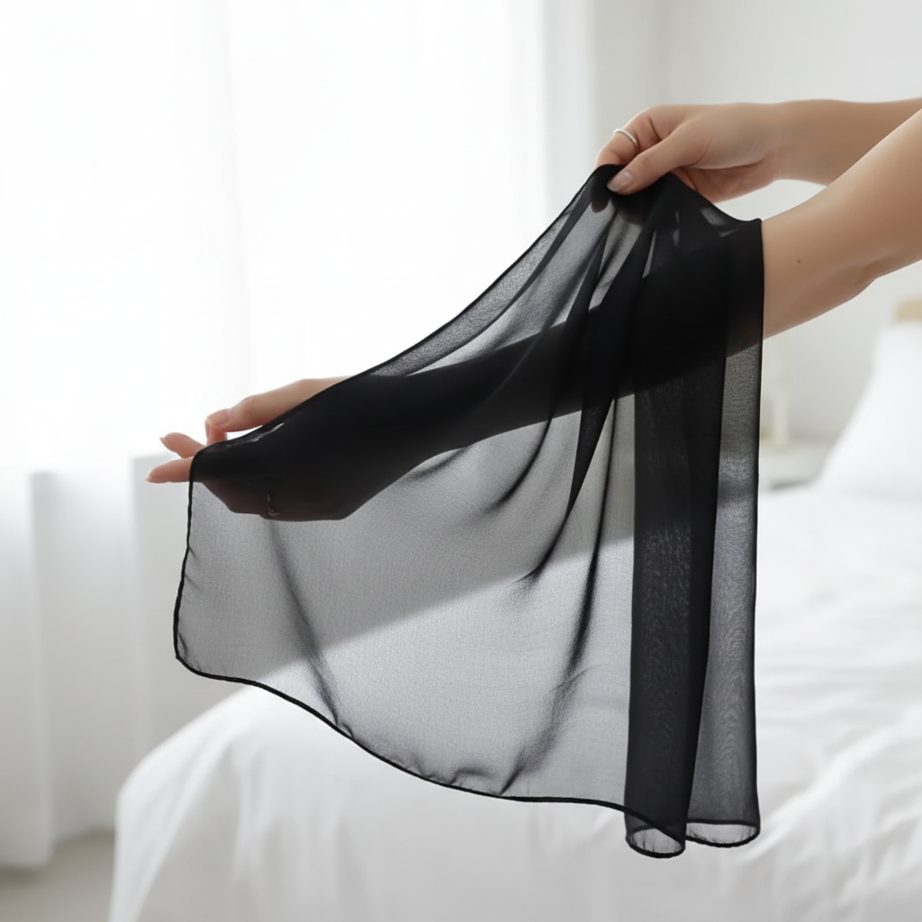 Close-up of hands letting flow sheer lightweight black chiffon scarf fabric, minimalist white bedroom natural daylight