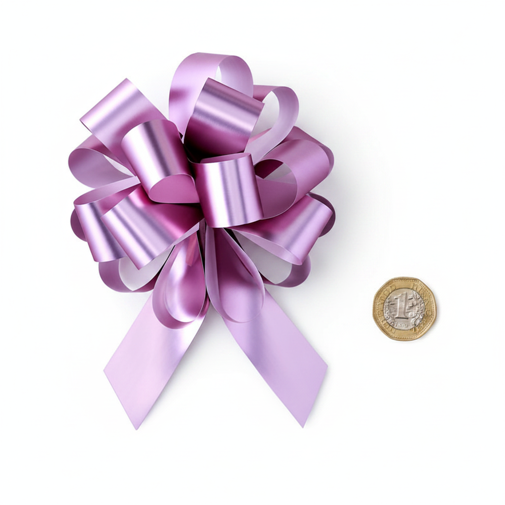 Flat lay of large pink pull bow beside a £1 coin on white background showing 6-inch scale, overhead lighting