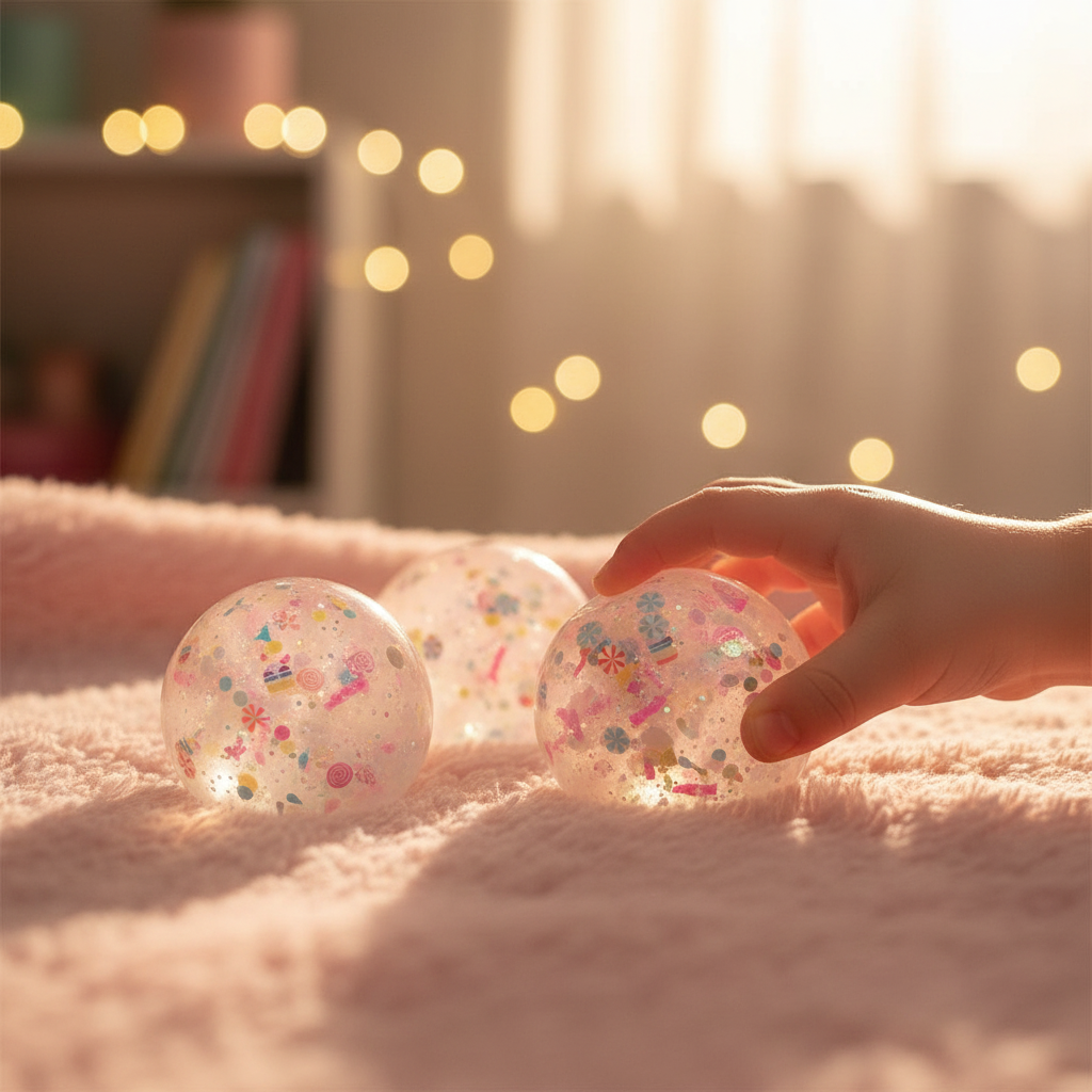 Three Scrunchems Party confetti squish balls on pink fluffy blanket with child's hand picking one up in golden hour bedroom light
