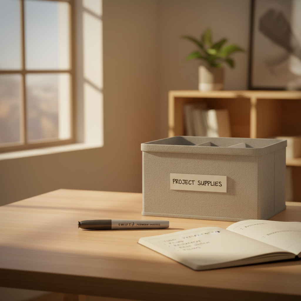 Swift permanent marker on a tidy home office desk at golden hour — aspirational organisation and productivity lifestyle scene
