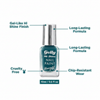 Barry M Gelly Hi Shine Nail Paint Ocean Blue feature infographic showing gel finish, long-lasting formula, chip-resistant wear and 10ml size
