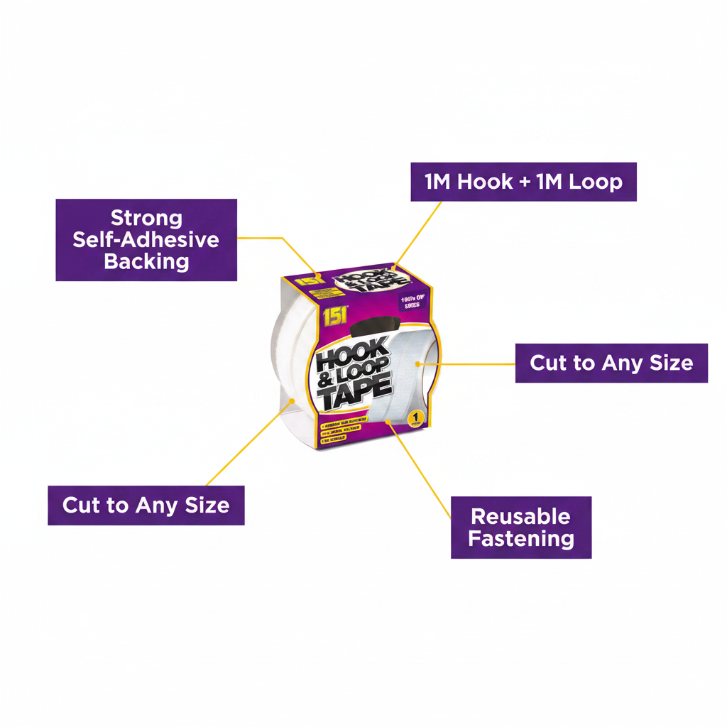 151 Hook and Loop Tape feature infographic showing 1M hook 1M loop, self-adhesive backing, cut to size, reusable fastening