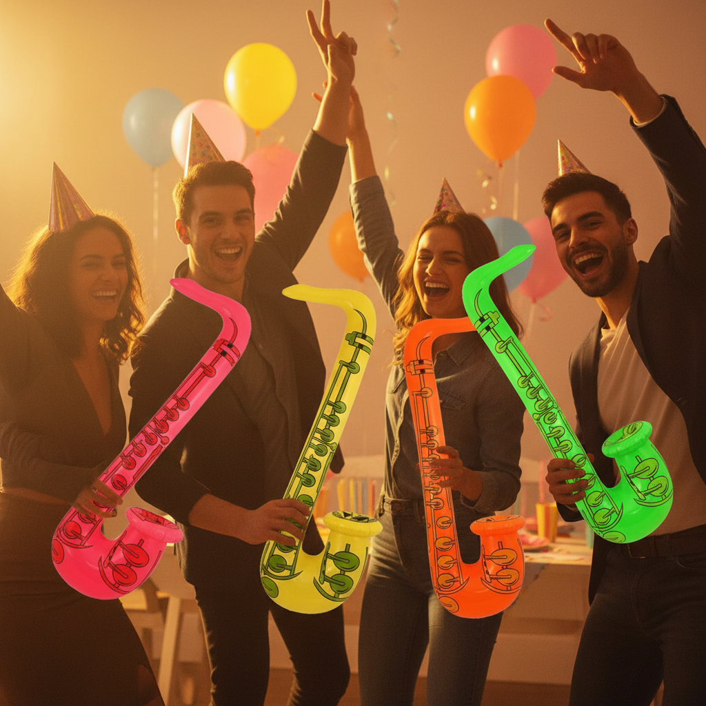 Group of young adults laughing and holding neon inflatable saxophones at a vibrant birthday party