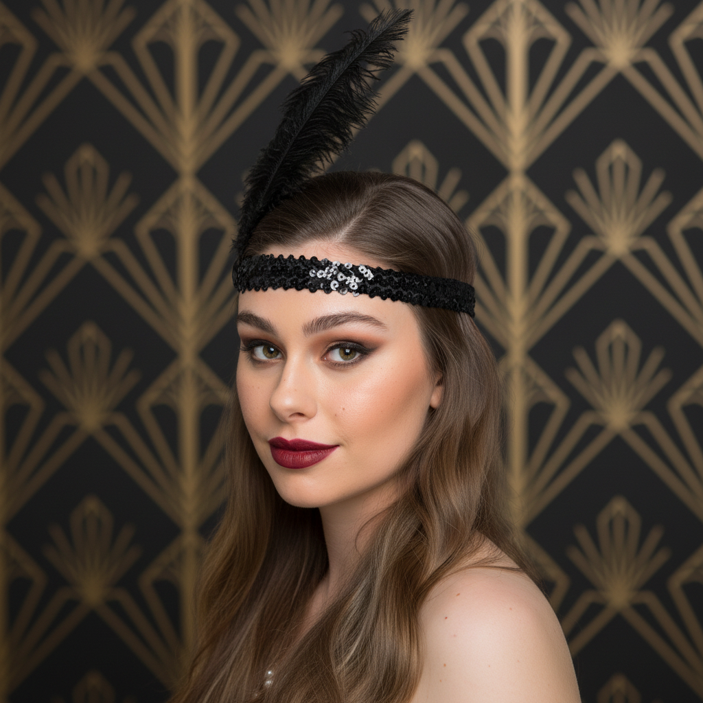 Close-up of woman with smoky 1920s makeup wearing black sequin flapper headband with feather