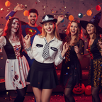 WPC policewoman hat worn at themed event - fun lifestyle image showing versatile fancy dress styling