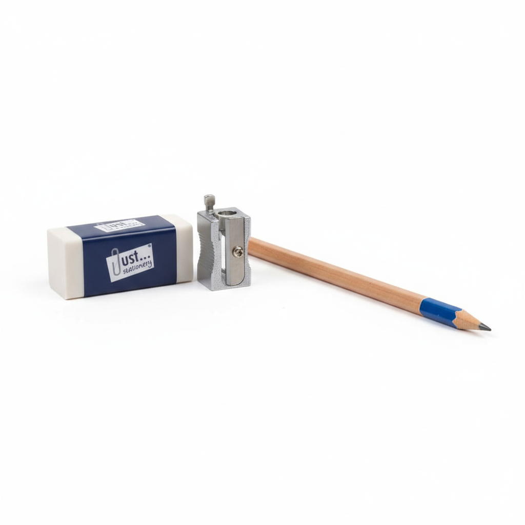 Pencil Sharpener and Eraser Set displayed on a clean white surface with a pencil, studio lighting, minimalist stationery product shot