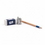Pencil Sharpener and Eraser Set displayed on a clean white surface with a pencil, studio lighting, minimalist stationery product shot
