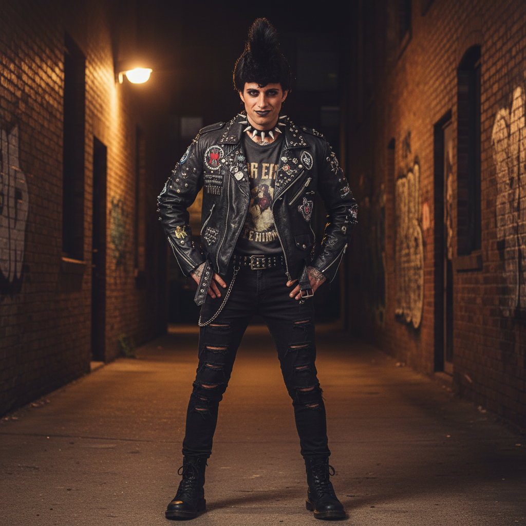 Complete punk rocker fancy dress costume with black mohawk wig as the iconic centrepiece