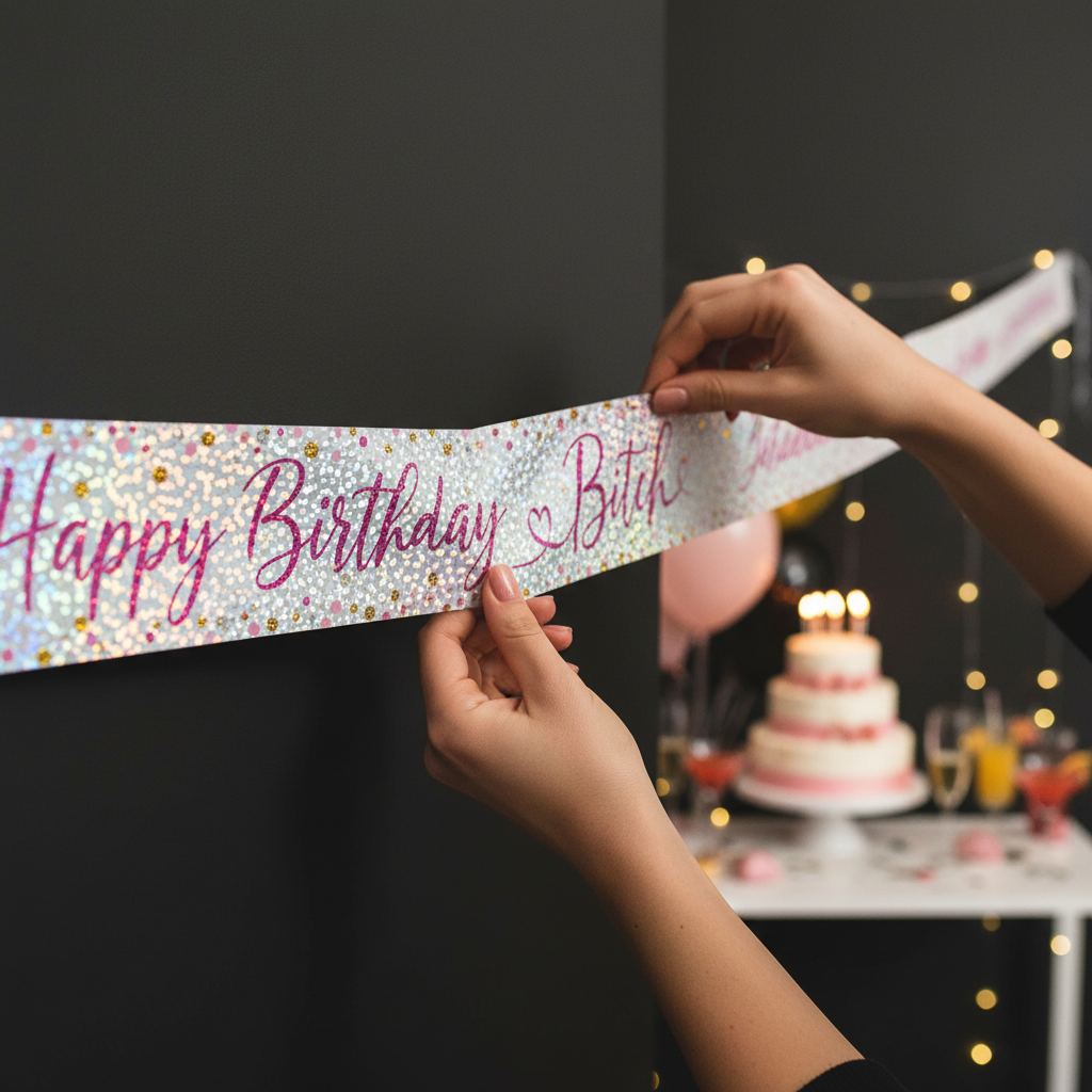 Close-up of hands hanging holographic Happy Birthday Bitch banner at stylish party venue with drinks and cake table