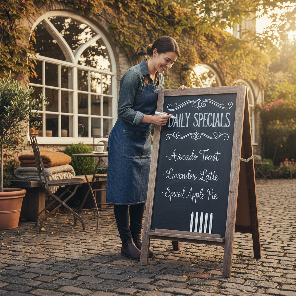 Café owner writing a daily specials menu on a chalkboard sign using white liquid chalk pens